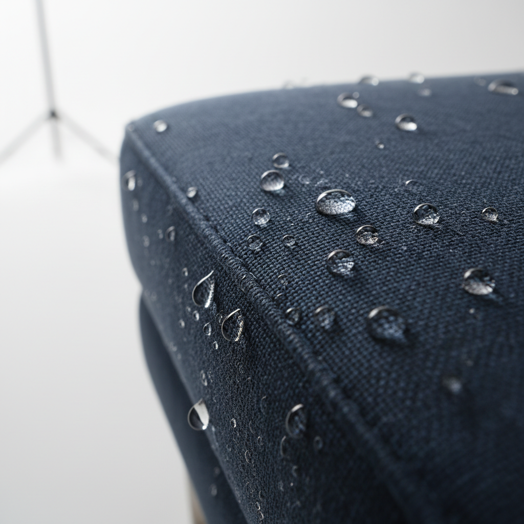 Gotas de água repelindo sobre tecido de sofá após impermeabilização profissional BravoClean em Porto Alegre